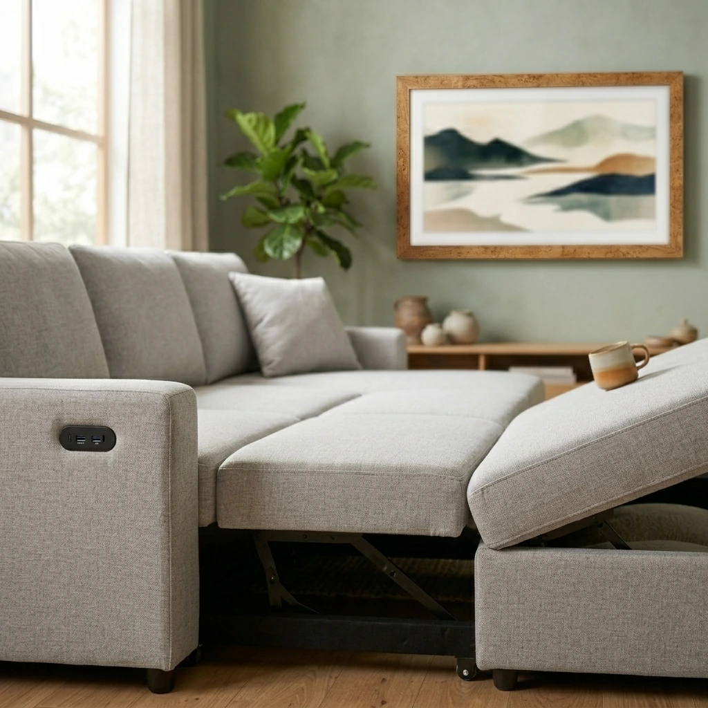 Lilola Home Convertible Sleeper Sofa Bed 84 Inch, L Shaped Sectional Couch with Pull Out Bed, USB Charging Ports, Storage Chaise for Living Room, Office, Linen Fabric, Light Gray