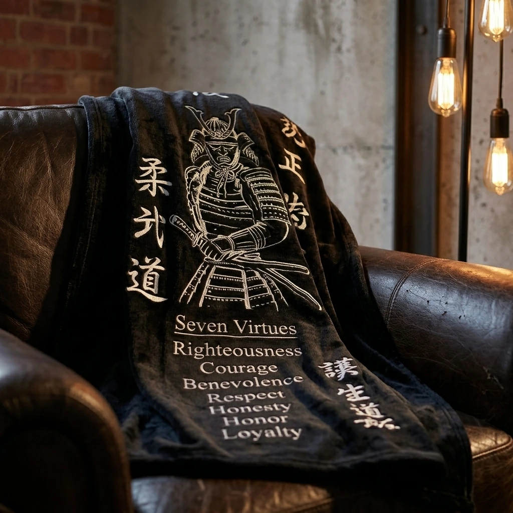 Samurai Bushido Blanket Japanese Gifts Seven Virtues Throw Blanket Super Warm Soft Plush Lightweight Fleece Flannel Japan Decor Blanket for Women Men Girls Boys for Couch Sofa Bedding 50"X40"