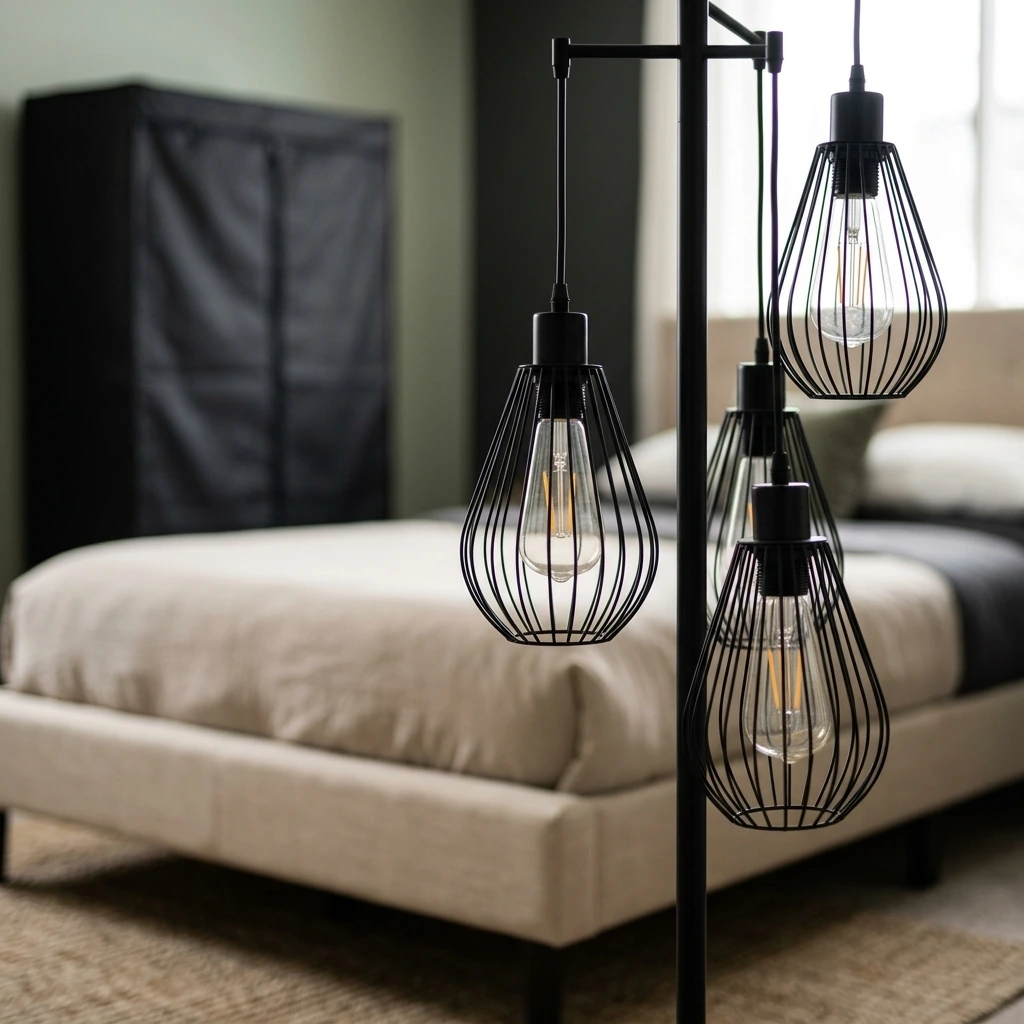 Dimmable Floor Lamp, 3 x 800LM LED Edison Bulbs Included, Farmhouse Industrial Floor Lamp Standing Tree Lamp with Elegant Teardrop Cage Tall Lamps for Living Room Bedroom Office Dining Room-Black