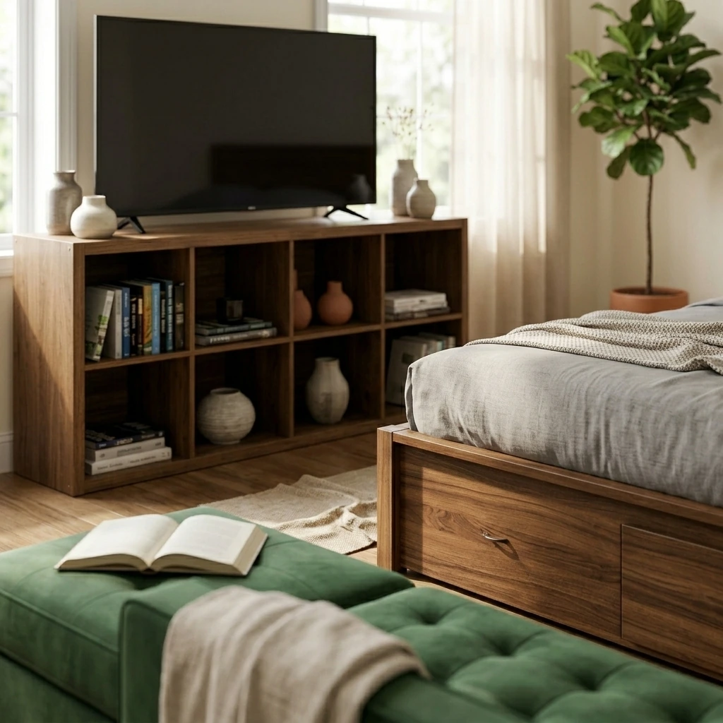 AFI Concord Queen Size Platform Bed with Footboard & Storage Drawers in Walnut
