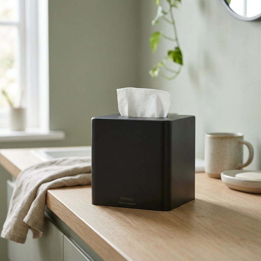mDesign Metal Square Tissue Box Cover for Bathroom - Modern Steel Holder/Dispenser for Paper Facial Tissues - Bathroom Tissue Box Cube for Counter - Avia Collection - Black