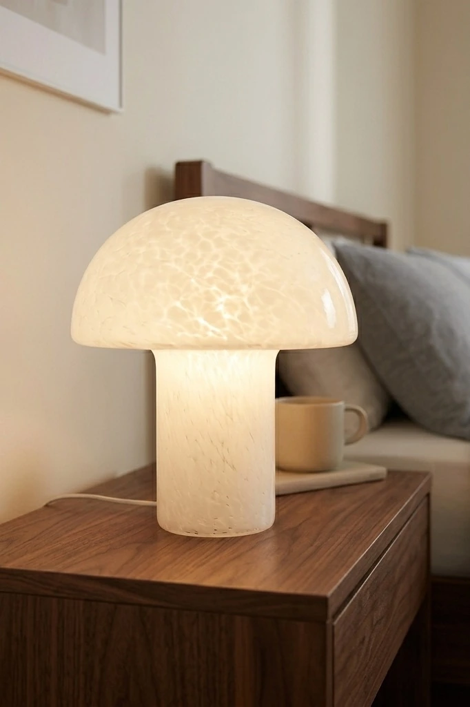 ONEWISH Mushroom Lamp Small Bedside Table Lamp-Nightstand Nightlight Dimmable Stepless, Translucent Glass White Desk Lamp for Bedroom Dorm Living Kitchen, Murano Style Aesthetic Cute Home Decor