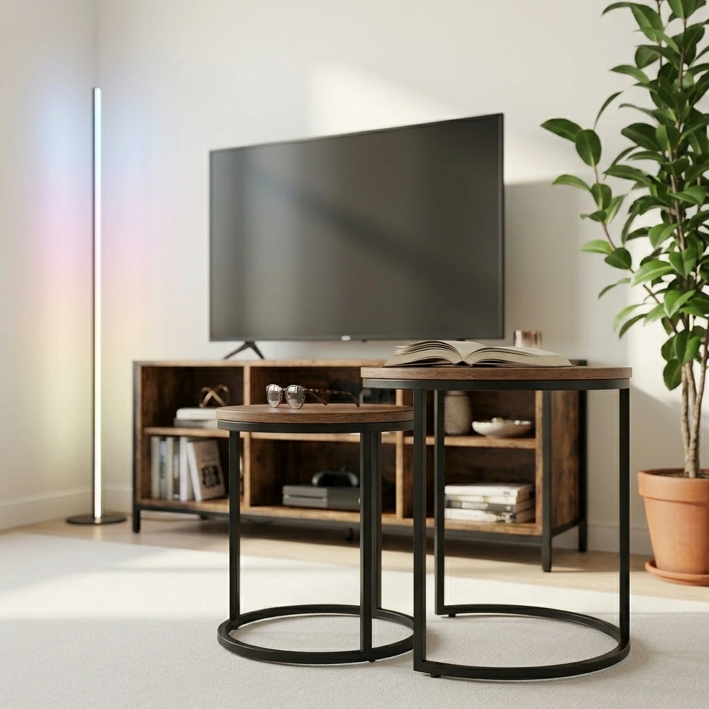 Nathan James Lula Nesting Round Side Set of 2, Accent End Table for Living Room with Wood or Marble Finish Tabletop and Metal Base, Nutmeg/Black