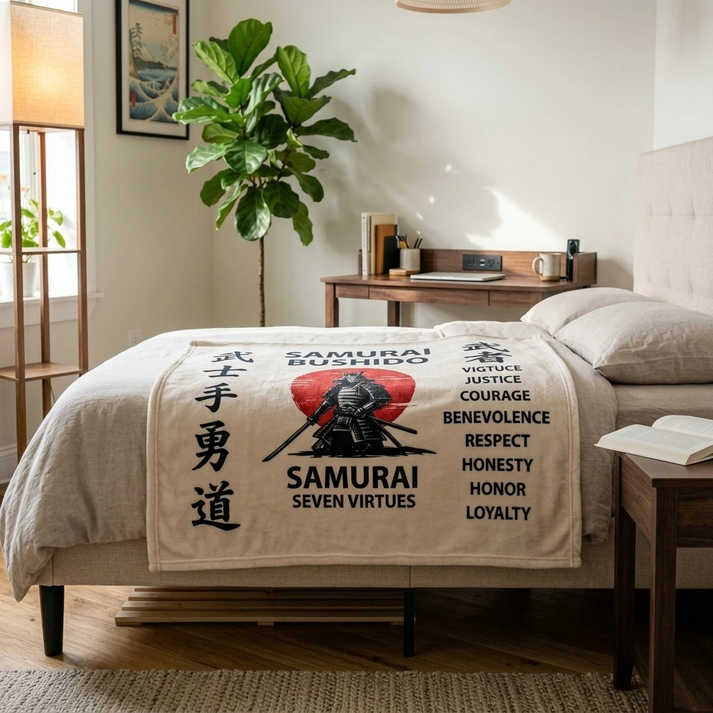 Samurai Bushido Blanket Japanese Gifts Seven Virtues Throw Blanket Super Warm Soft Plush Lightweight Fleece Flannel Japan Decor Blanket for Women Men Girls Boys for Couch Sofa Bedding 50"X40"