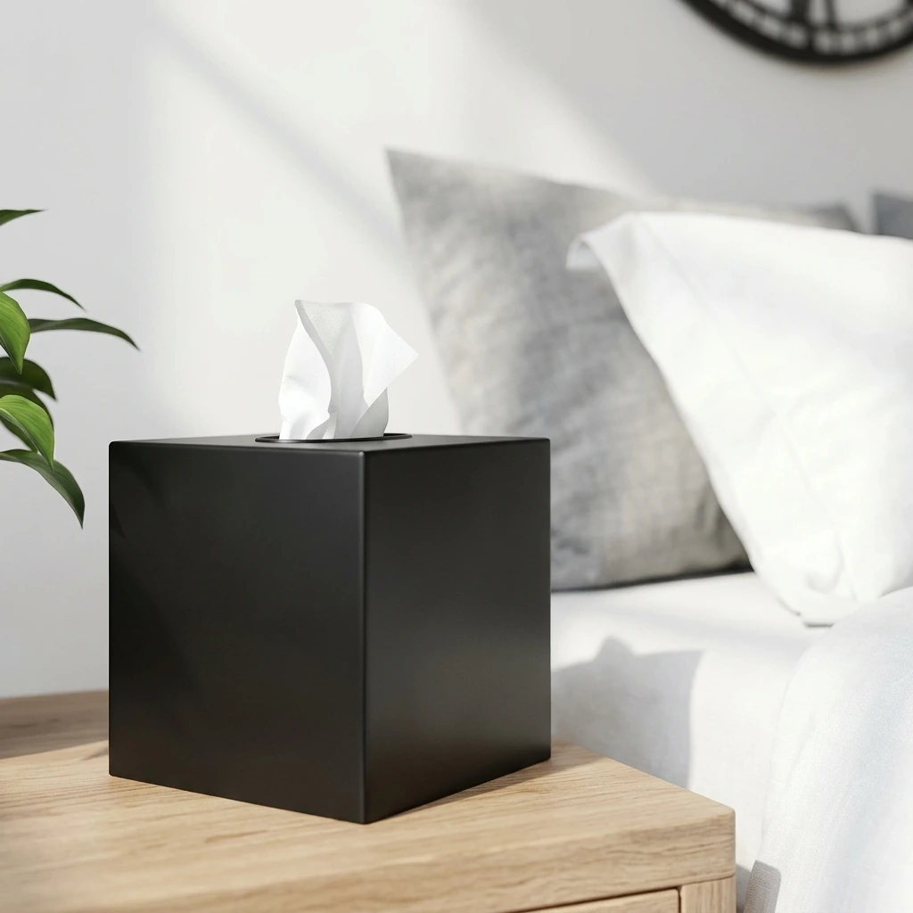 mDesign Metal Square Tissue Box Cover for Bathroom - Modern Steel Holder/Dispenser for Paper Facial Tissues - Bathroom Tissue Box Cube for Counter - Avia Collection - Black