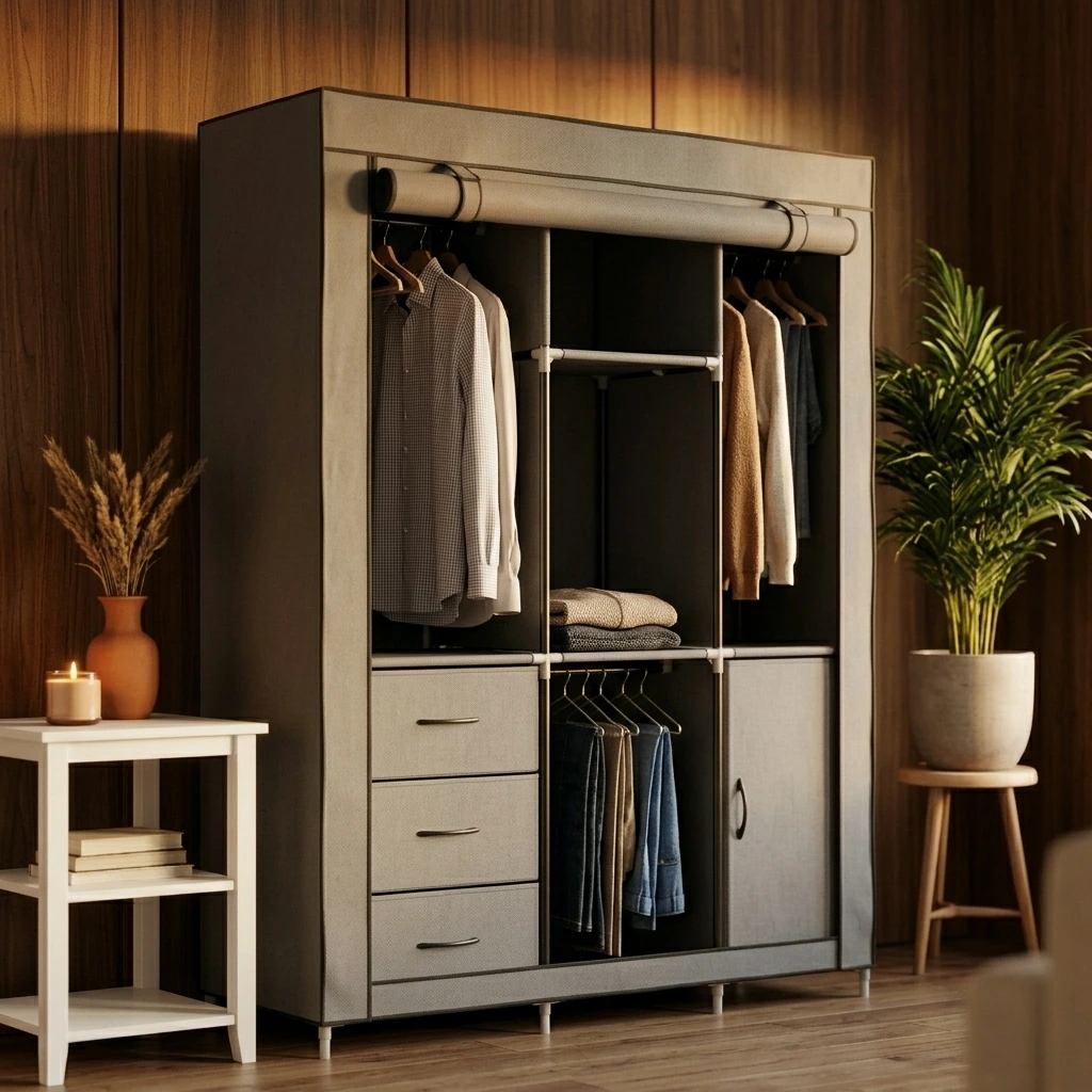Large Portable Wardrobe with 4 Hanging Rods and Drawers, Armoire, Metal Storage Wardrobe Hangers, Upgraded Grey Non-Woven Dust Cover for Handing Closet,Large Closets for Bedroom